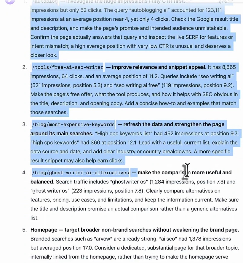 Arvow chat list headed Best opportunities to grow, numbered one to five: investigate autoblog's 181,780 impressions and 52 clicks, improve the free AI SEO writer page, refresh the most expensive keywords post, make the ghostwriter alternatives comparison more useful, and target broader non-brand searches with a dedicated page instead of the homepage