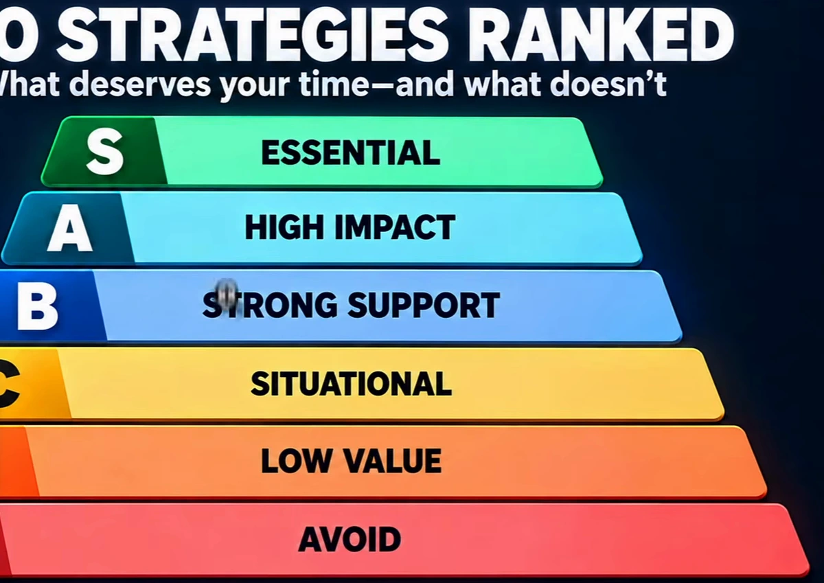 SEO strategies ranked pyramid with six tiers: S essential, A high impact, B strong support, C situational, D low value, F avoid