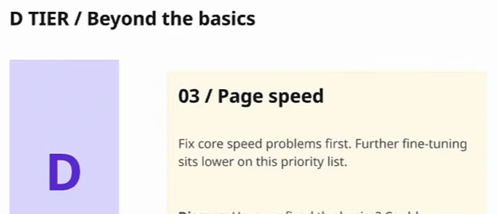 D tier card 03 page speed: fix core speed problems first, further fine-tuning sits lower on this priority list