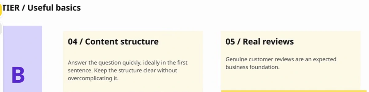 B tier cards: 04 content structure, answer the question quickly, ideally in the first sentence, keep the structure clear without overcomplicating it, and 05 real reviews, genuine customer reviews are an expected business foundation