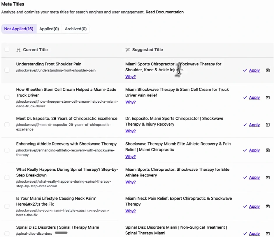 Arvow Site Optimizer meta titles tab on a demo chiropractic site showing sixteen suggested titles not yet applied, each with the current title, the suggested title and an apply button