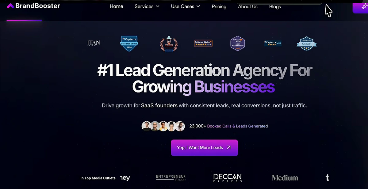 The agency's homepage hero: #1 Lead Generation Agency For Growing Businesses, drive growth for SaaS founders with consistent leads, 23,000+ booked calls and leads generated, a Yep I Want More Leads button, and a row of review badges