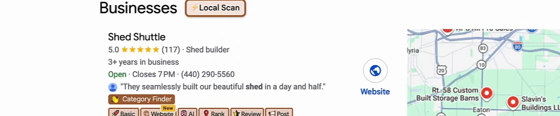 Google Businesses pack for shed builder cleveland oh with Shed Shuttle first: 5.0 stars from 117 reviews, shed builder, 3+ years in business, open until 7 PM, phone number, and the review snippet they seamlessly built our beautiful shed in a day and half