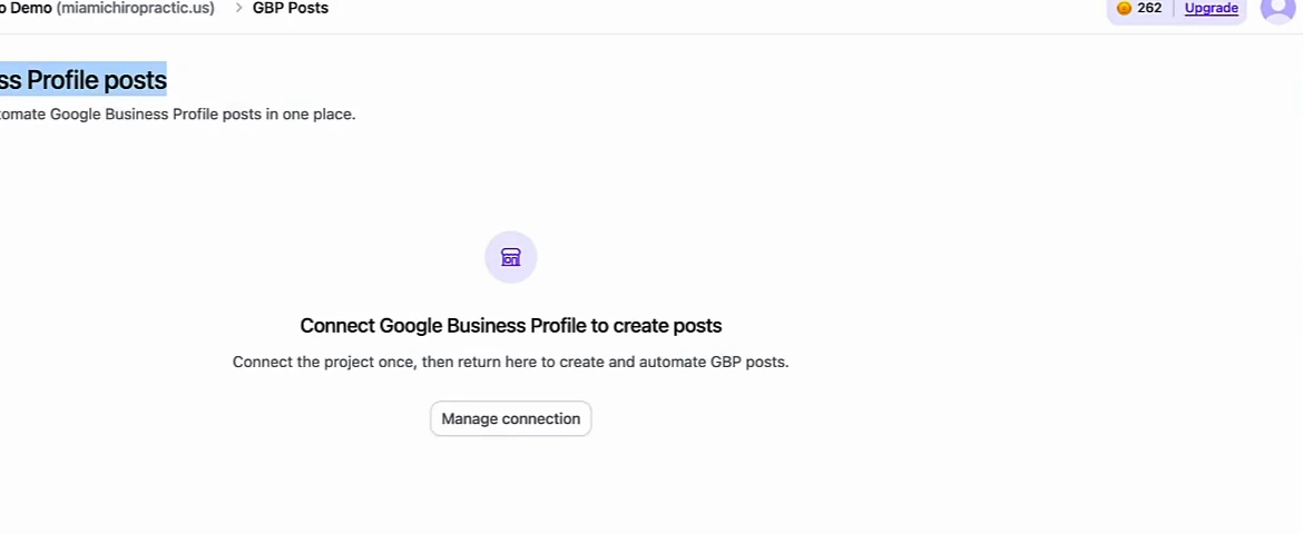 Arvow Google Business Profile posts screen for a demo project: create, publish and automate Google Business Profile posts in one place, with a Connect Google Business Profile to create posts prompt and a Manage connection button