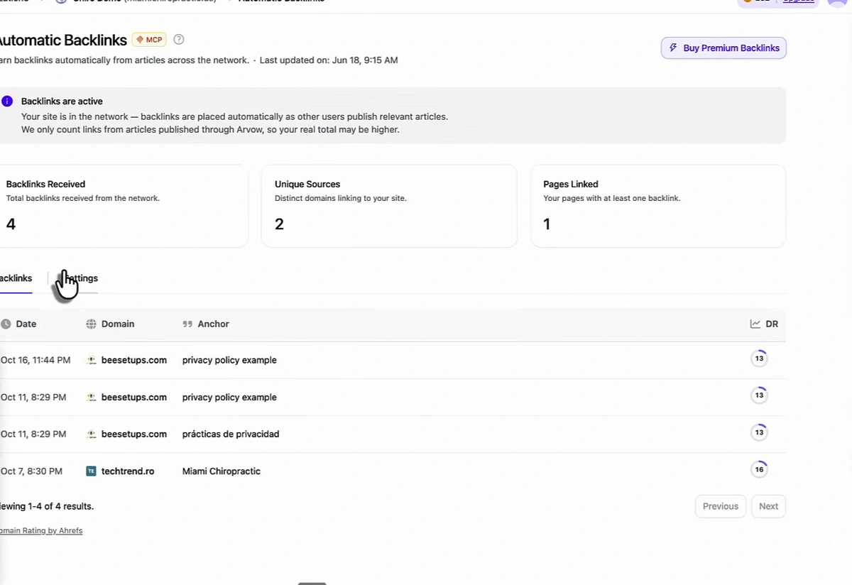 Arvow Automatic Backlinks page for a demo project: backlinks are active, 4 backlinks received, 2 unique sources, 1 page linked, and a table of four links dated October 7 to 16 with DR badges of 13 and 16