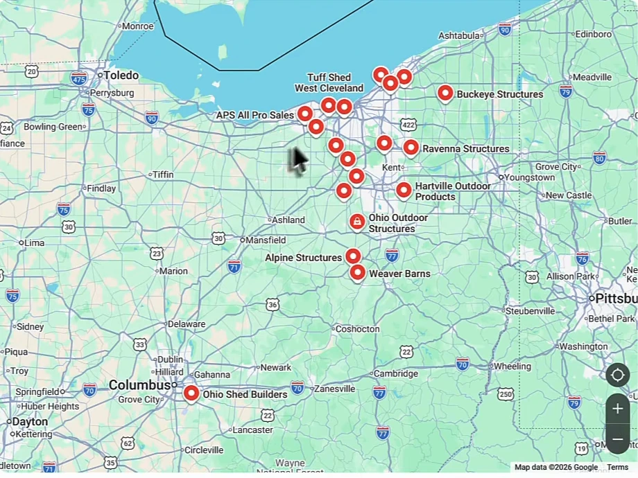 Google Maps Places view for shed builder cleveland oh showing a dozen pins across northeast Ohio including Tuff Shed West Cleveland, APS All Pro Sales, Buckeye Structures, Ravenna Structures, Hartville Outdoor Products, Ohio Outdoor Structures, Alpine Structures, Weaver Barns and Ohio Shed Builders