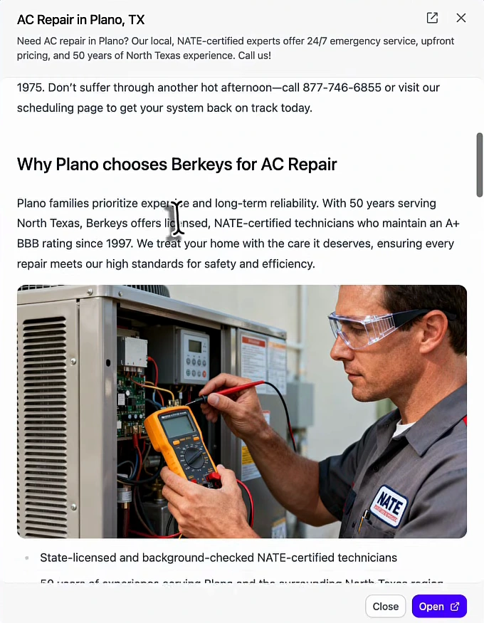 Generated article preview 'AC Repair in Plano, TX': intro mentioning 24/7 emergency service, upfront pricing and 50 years of North Texas experience; section 'Why Plano chooses Berkeys for AC Repair' citing 50 years, NATE-certified technicians and A+ BBB since 1997; a technician photo