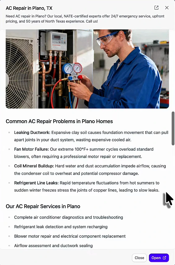 Section 'Common AC Repair Problems in Plano Homes': Leaking Ductwork from expansive clay soil, Fan Motor Failure from 100°F+ summers, Coil Mineral Buildup from hard water, Refrigerant Line Leaks from hot-to-freeze swings; then 'Our AC Repair Services in Plano' bullets
