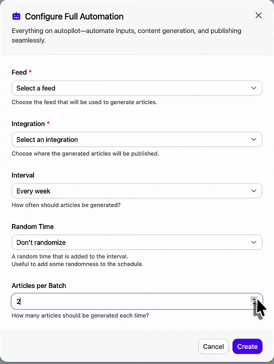Configure Full Automation modal: Feed, Integration, Interval (Every week), Random Time (Don't randomize), Articles per Batch set to 2