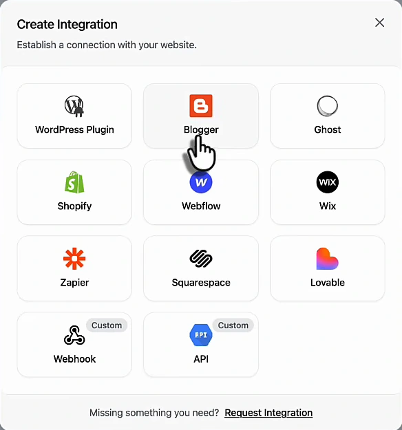 Create Integration modal with WordPress Plugin, Blogger, Ghost, Shopify, Webflow, Wix, Zapier, Squarespace, Lovable, and custom Webhook and API options