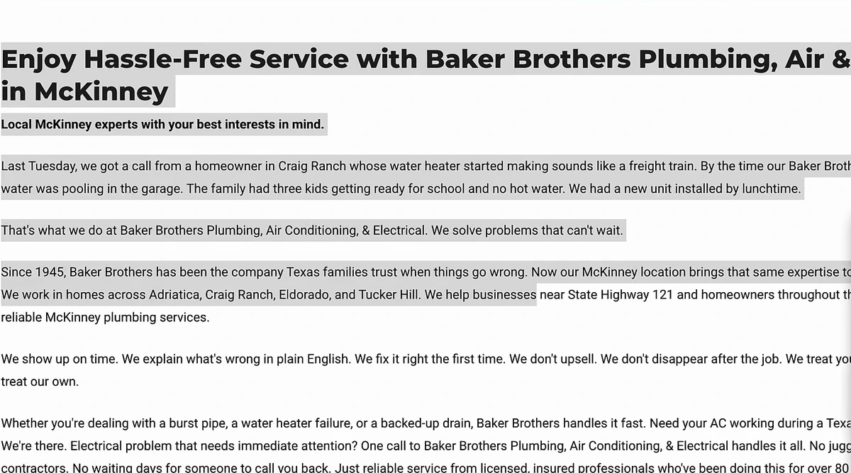 Body text of the Baker Brothers McKinney page: 'Enjoy Hassle-Free Service with Baker Brothers Plumbing, Air & Electric in McKinney', a story about a Craig Ranch homeowner's water heater, and a paragraph naming Adriatica, Craig Ranch, Eldorado, Tucker Hill and State Highway 121