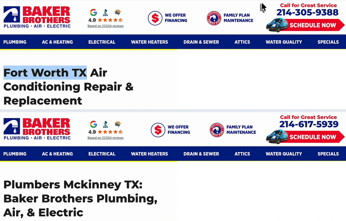 Two Baker Brothers location pages stacked: header with 4.9 stars from 22,334 reviews and 'Call for Great Service 214-305-9388' above the H1 'Fort Worth TX Air Conditioning Repair & Replacement'; the same header with 214-617-5939 above 'Plumbers Mckinney TX: Baker Brothers Plumbing, Air, & Electric'