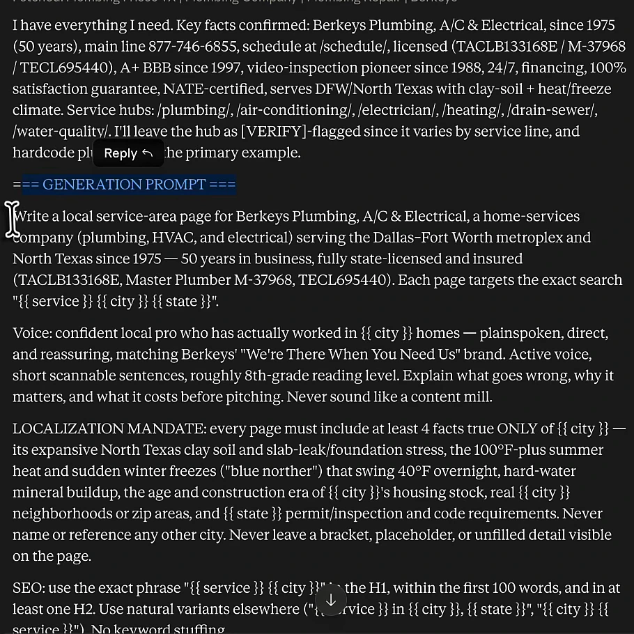 Claude's output: key facts confirmed for Berkeys Plumbing, A/C & Electrical since 1975 (50 years), main line 877-746-6855, licences TACLB133168E, M-37968, TECL695440, A+ BBB since 1997, NATE-certified, service hubs listed; then the GENERATION PROMPT with voice rules and a LOCALIZATION MANDATE requiring at least four facts true only of the city