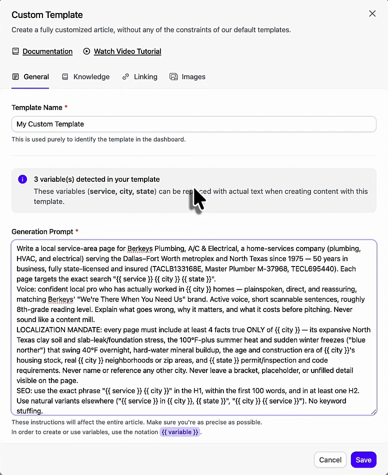Arvow Custom Template modal, General tab: '3 variable(s) detected in your template (service, city, state)' and the pasted Generation Prompt for Berkeys with the localisation mandate