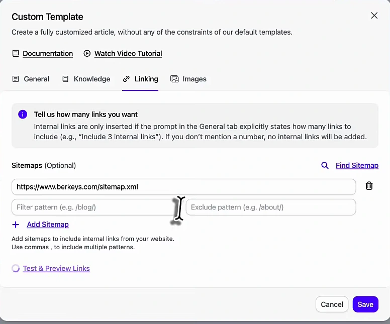 Custom Template Linking tab: a notice that internal links are only inserted if the prompt states how many, the sitemap field holding https://www.berkeys.com/sitemap.xml, filter and exclude pattern fields, and a 'Test & Preview Links' button