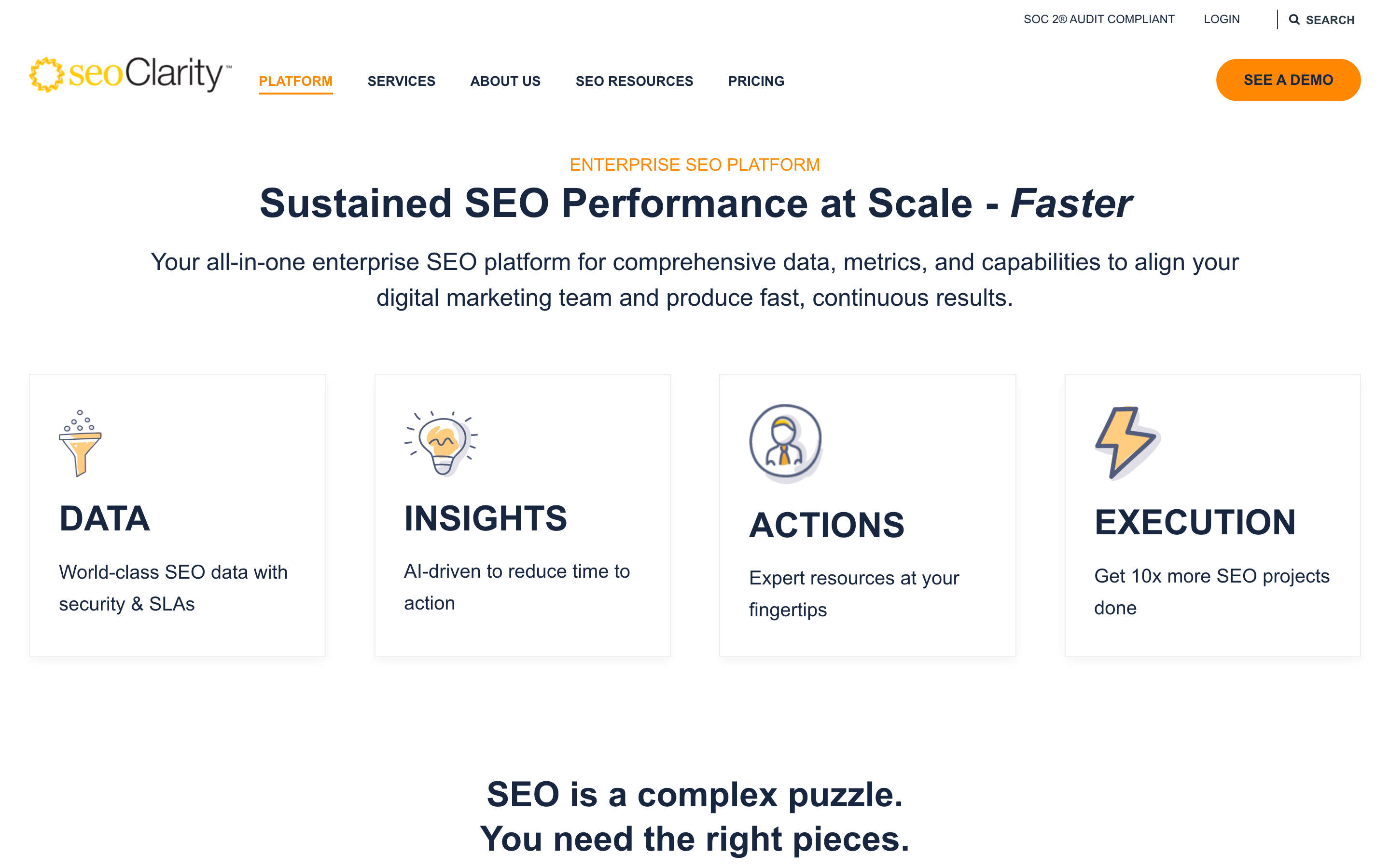 seoClarity features overview showing the technical SEO surface including audits, log file analysis, and rendering checks