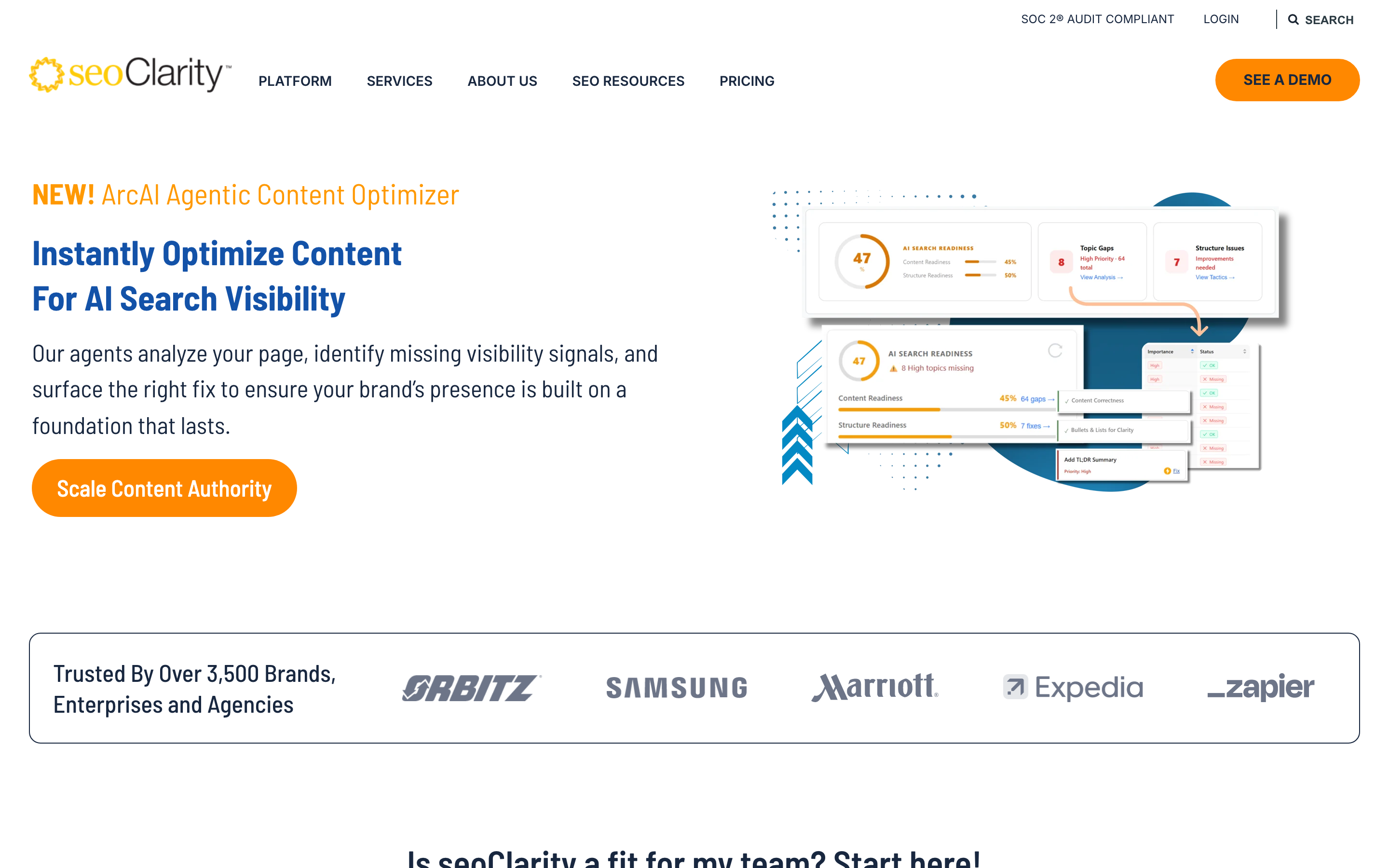 seoClarity homepage showing the enterprise SEO platform positioning for in-house teams and large agencies