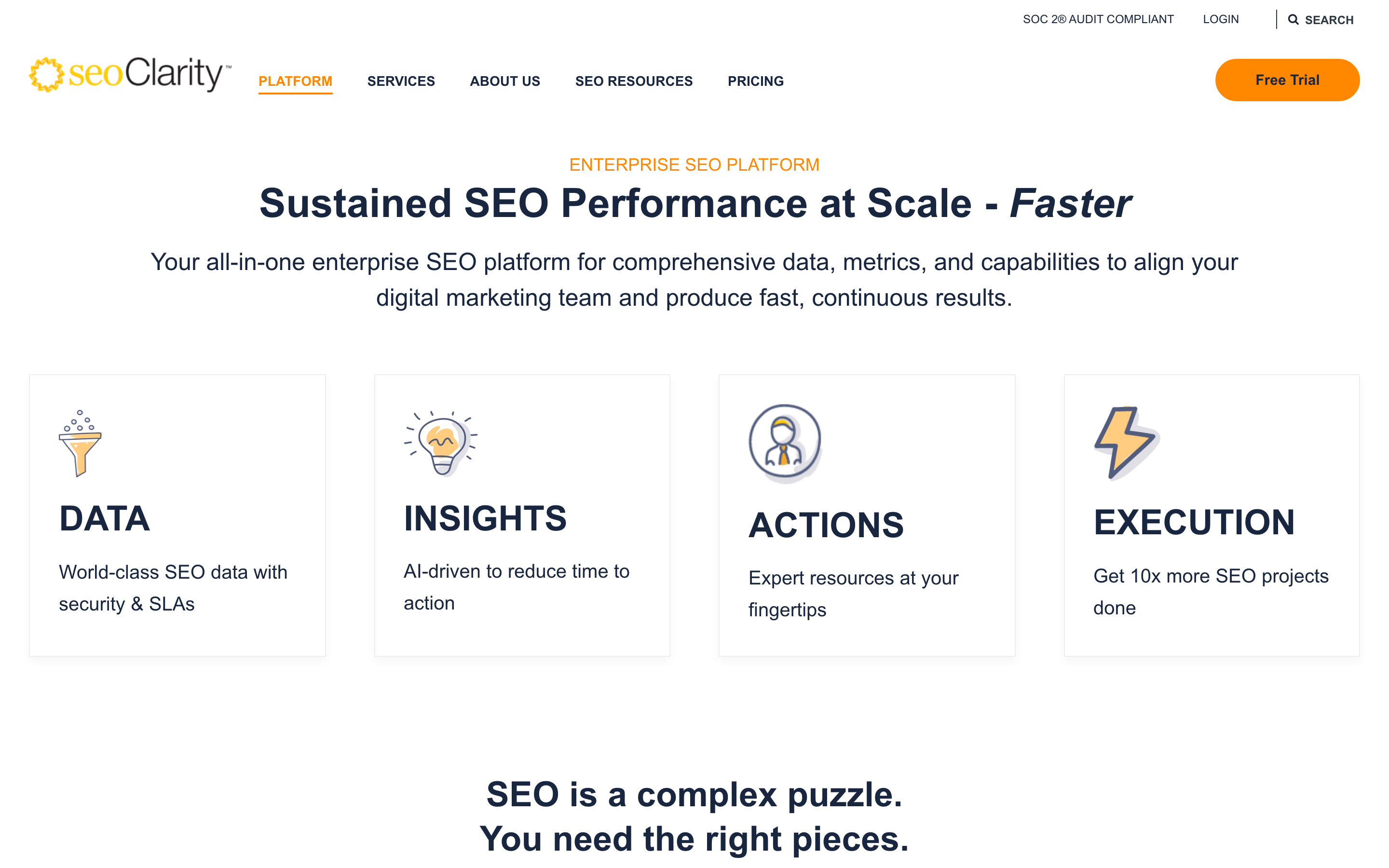 seoClarity platform/product page showing the integrated SEO modules and enterprise feature surface