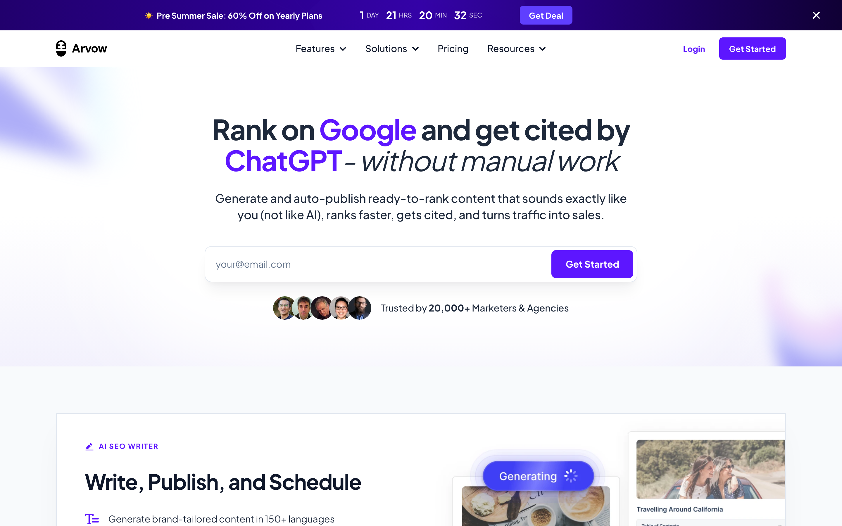 Arvow homepage showing the AI-powered SEO content automation platform with multi-client workflows for agencies