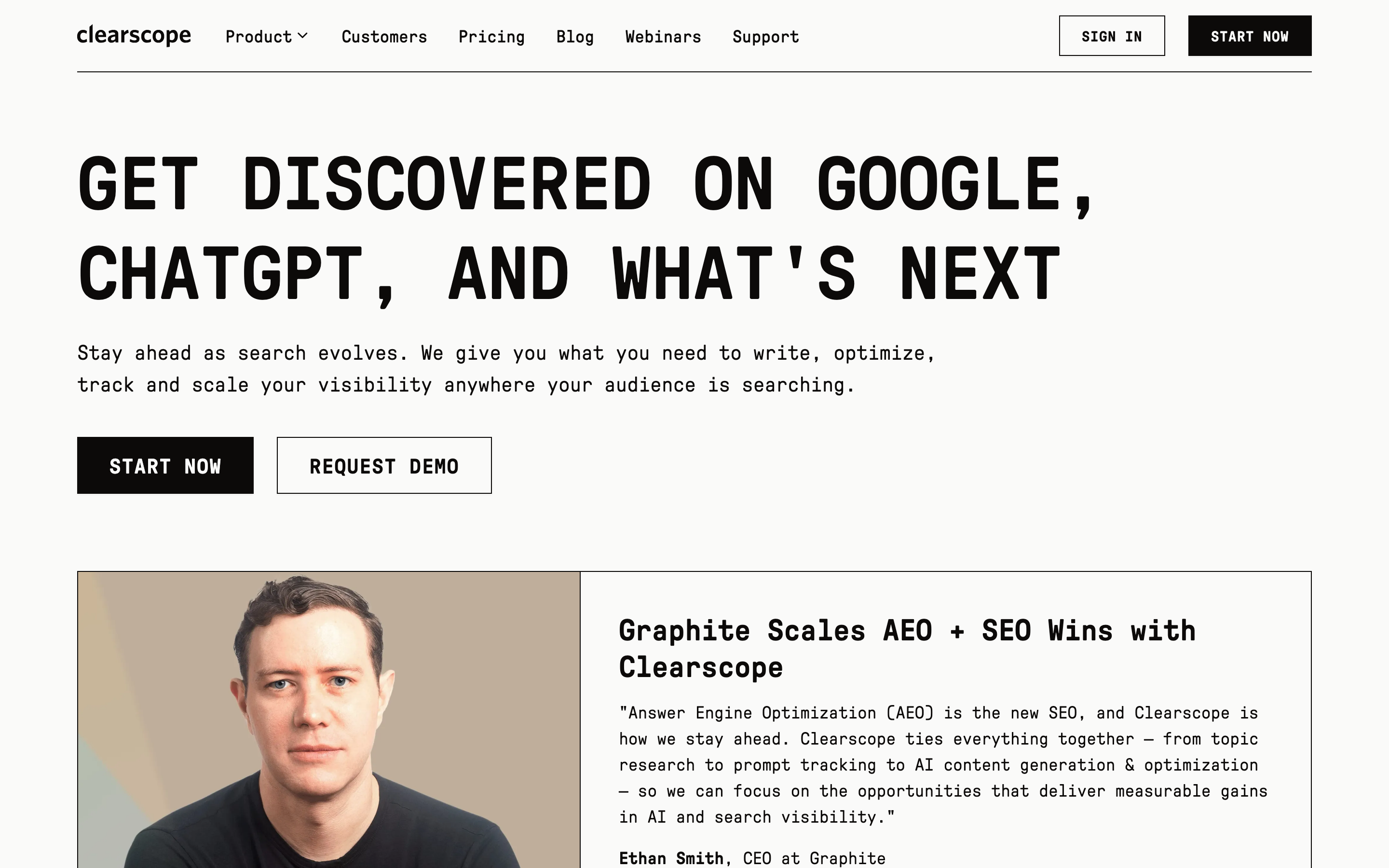 Clearscope homepage showing the content optimization platform with unlimited users on every tier