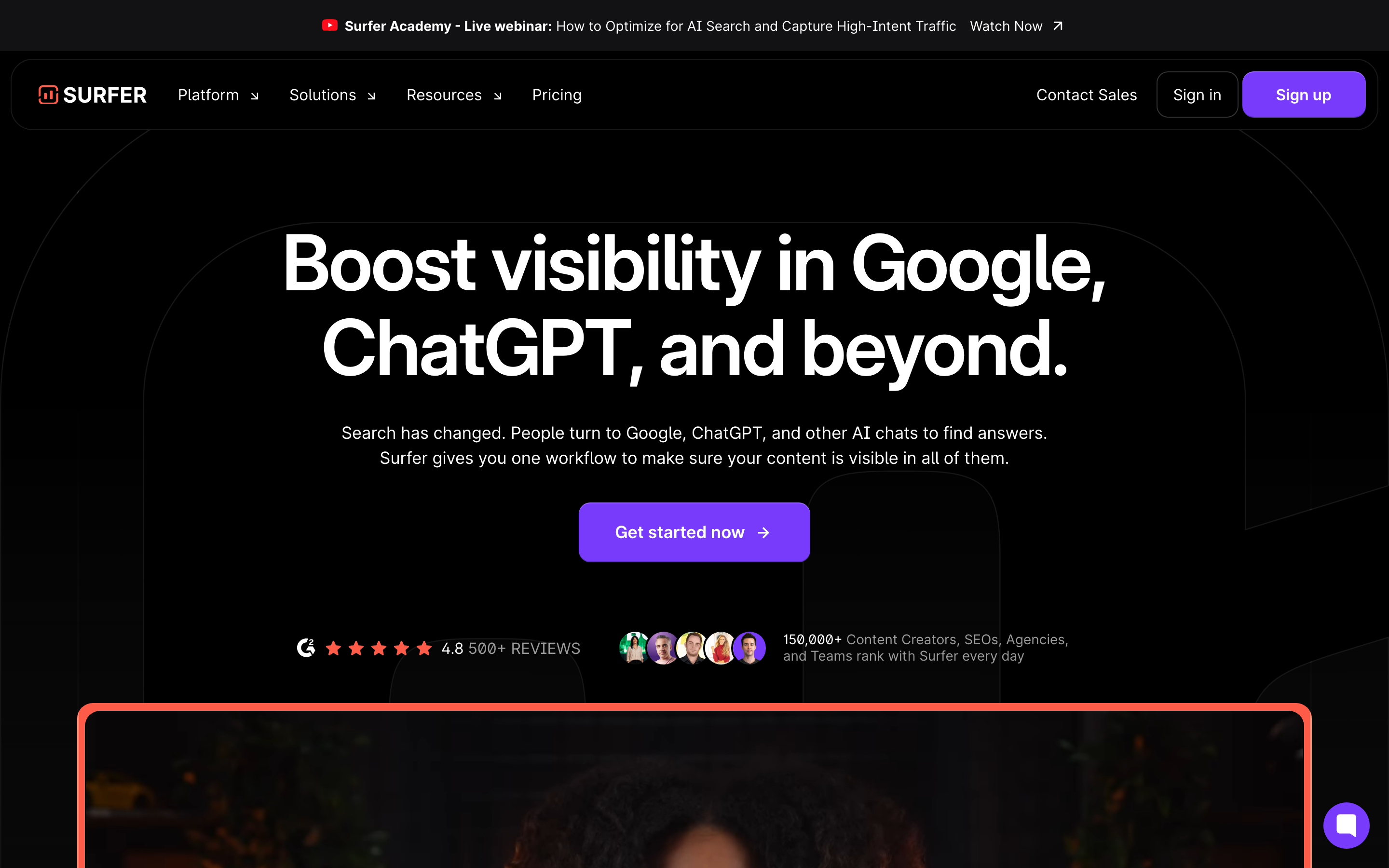 Surfer SEO homepage showing the SERP-driven content editor and writer-focused optimization platform