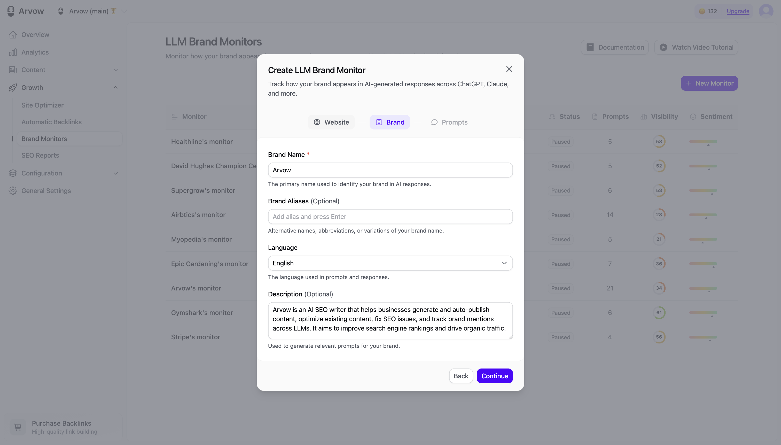 Create LLM Brand Monitor — Brand step, setting brand name, aliases, language and description