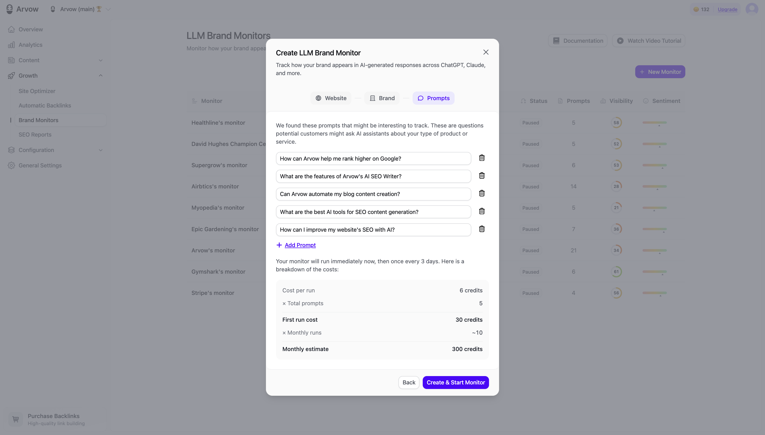 Create LLM Brand Monitor — auto-generated prompts to track, with the option to add your own