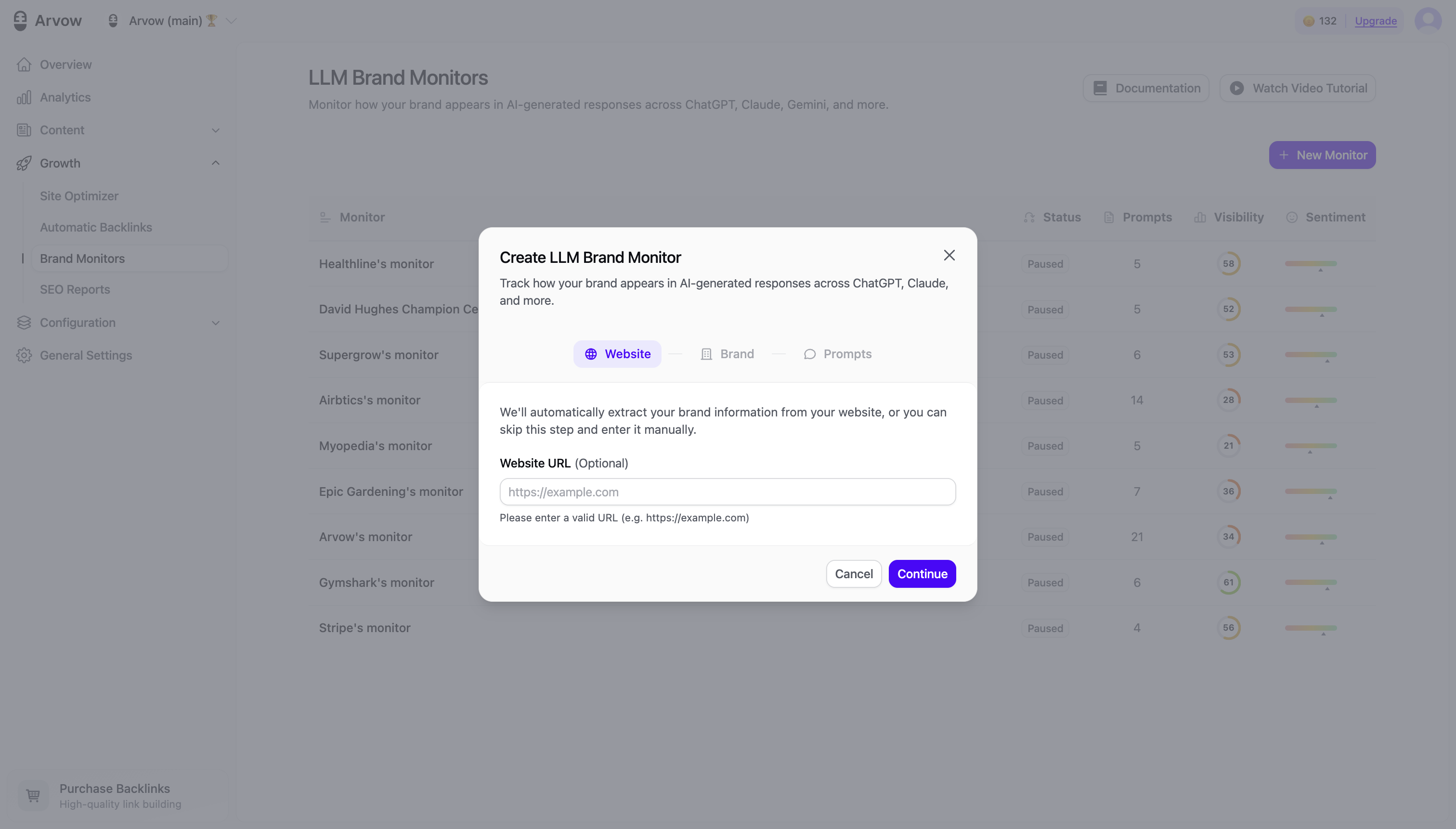 Create LLM Brand Monitor — Website step, entering the brand's website URL