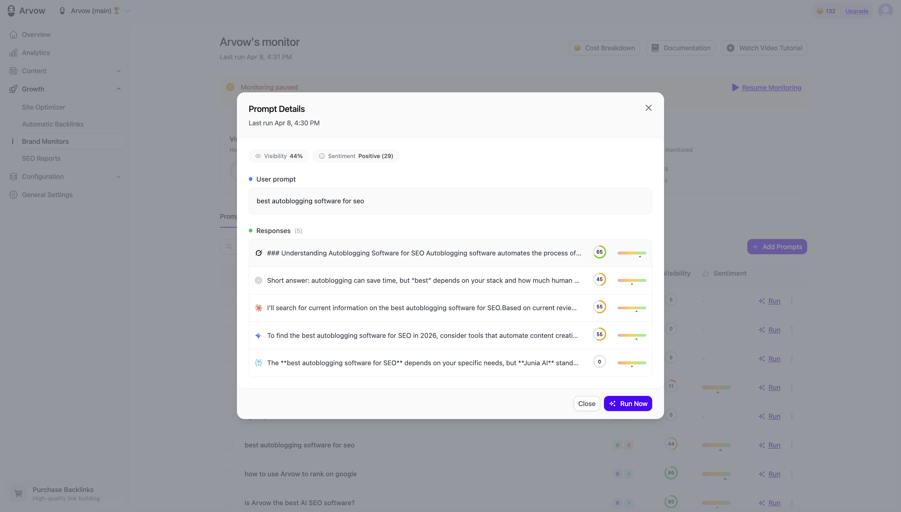 Prompt details view showing each AI model's actual answer for a tracked prompt, with visibility and sentiment scores