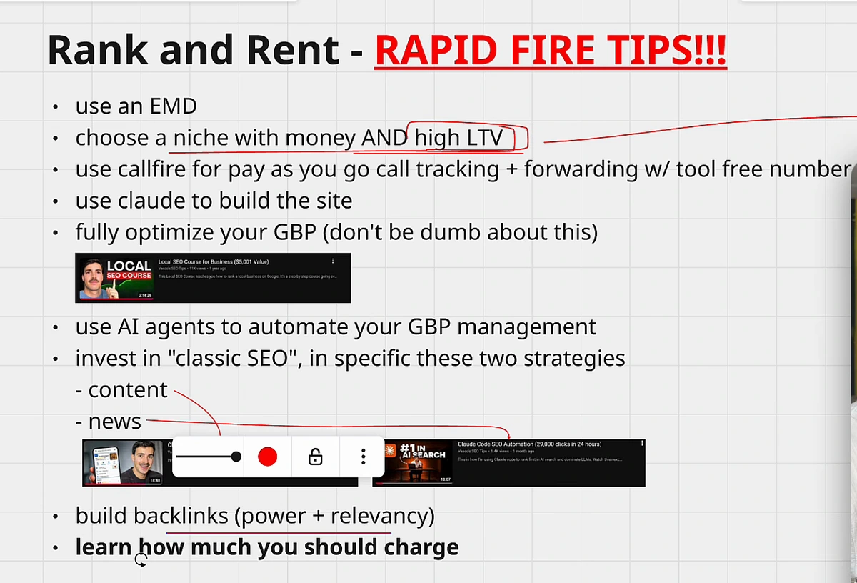 Whiteboard listing nine rank and rent SEO tips, from using an EMD to learning how much to charge