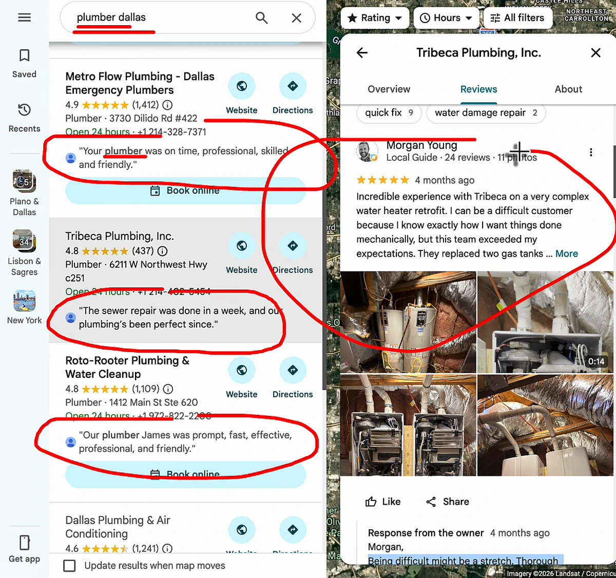 Google Maps results for plumber dallas with keyword-rich review snippets circled in red