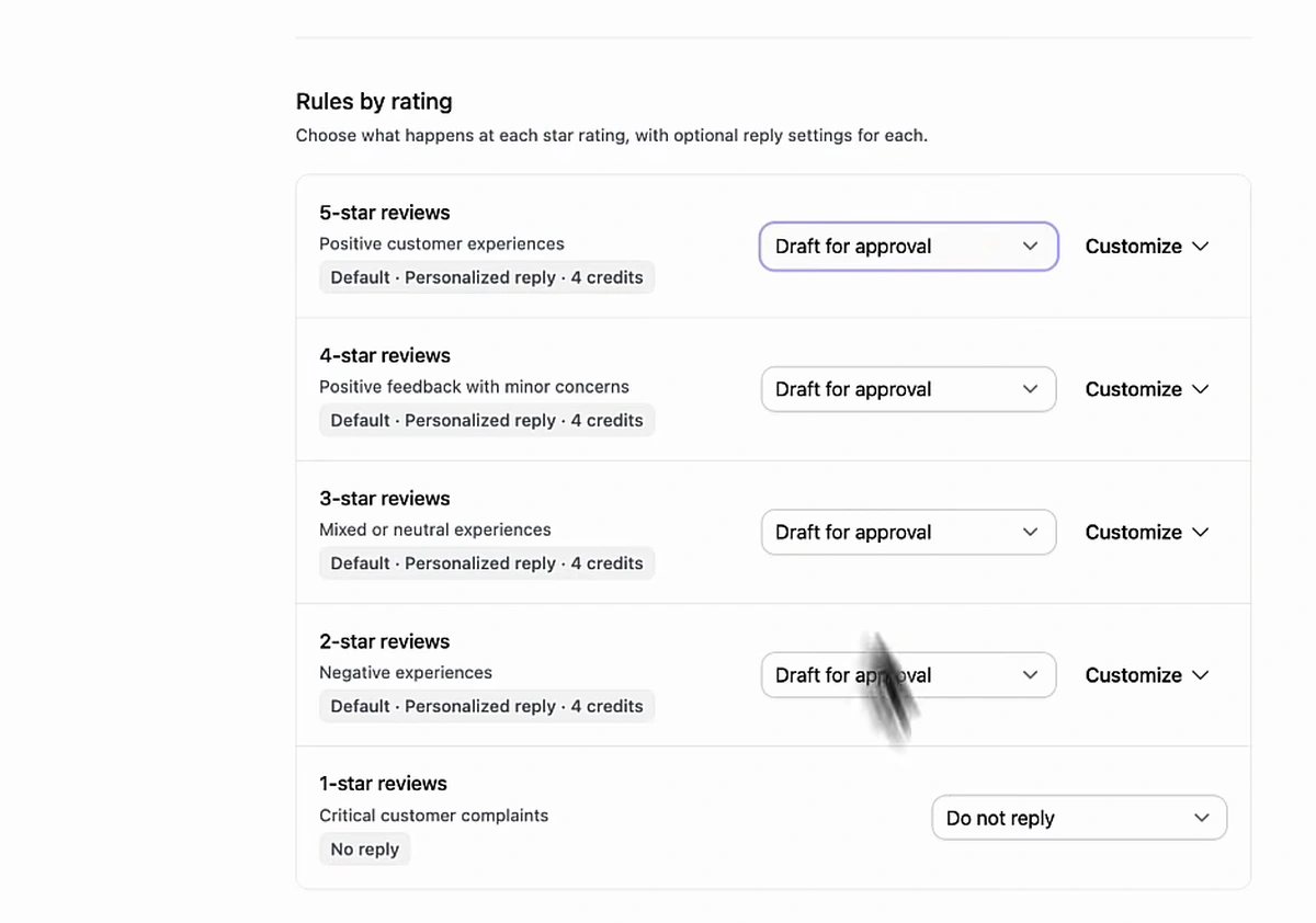 Arvow review automation rules by star rating with draft for approval and personalized reply settings