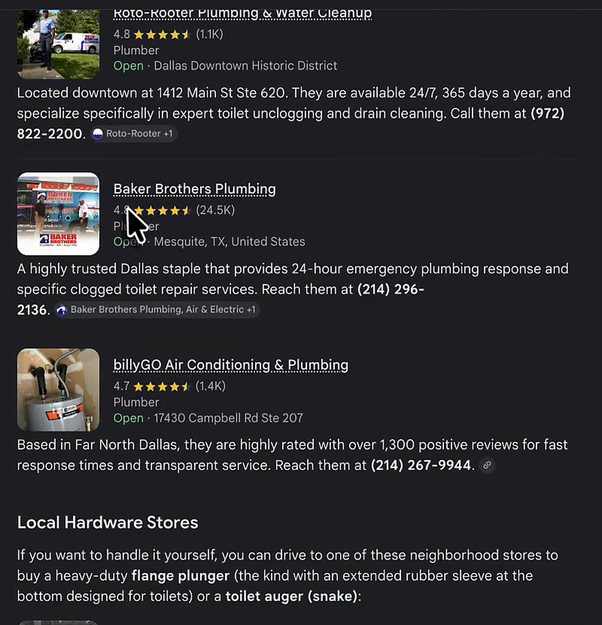 Google AI Mode recommending Dallas plumbing businesses with star ratings, review counts and phone numbers