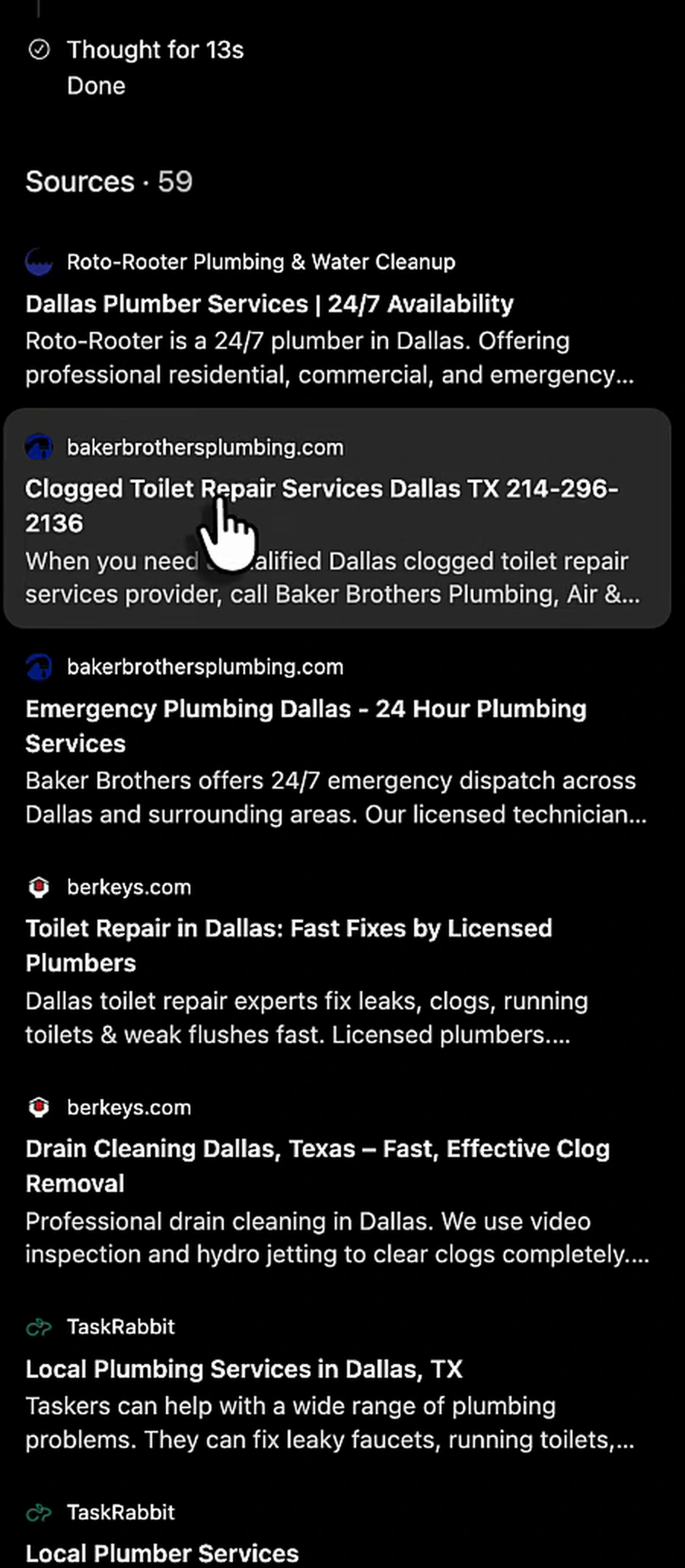 ChatGPT sources panel showing 59 sources including dedicated service pages for clogged toilet repair and emergency plumbing in Dallas