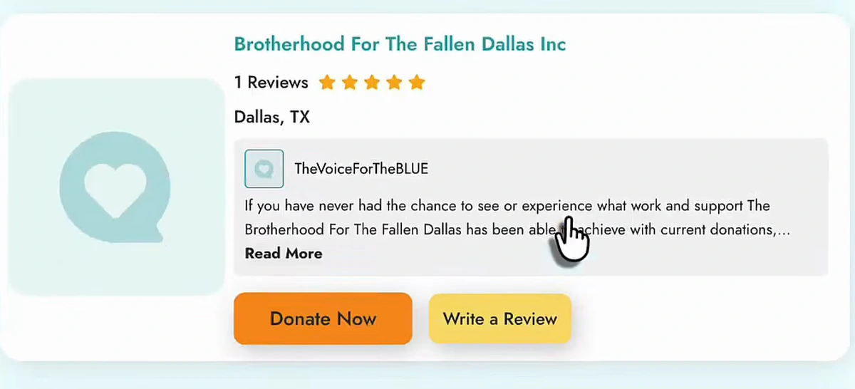 A nonprofit directory search for Dallas showing a local charity card with Donate Now and Write a Review buttons