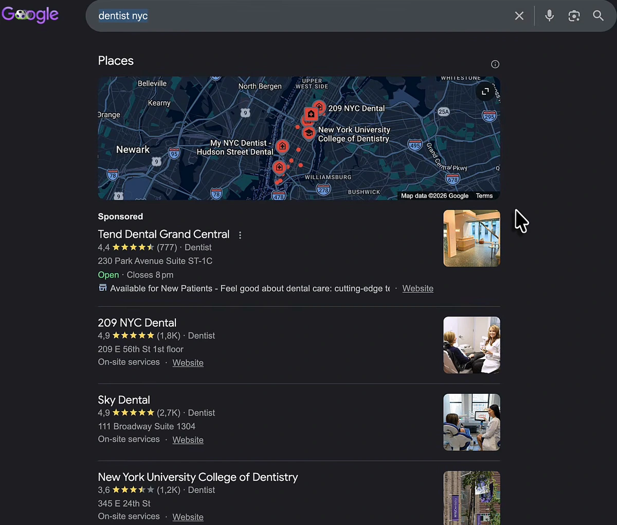 Google search results for dentist nyc showing the Places map pack above the listings