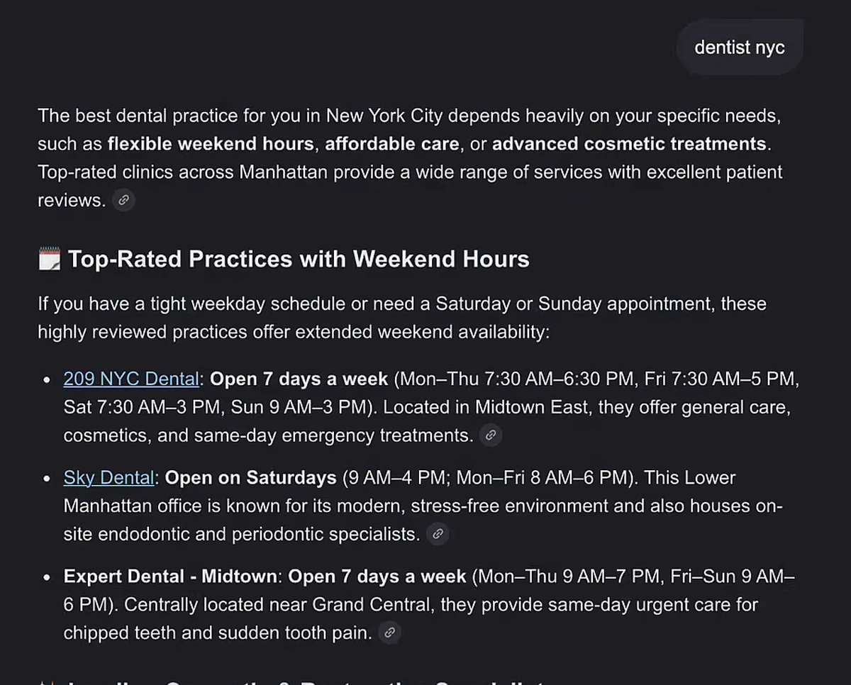 Google AI Mode answer for dentist nyc citing specific Google Maps listings with their opening hours and services