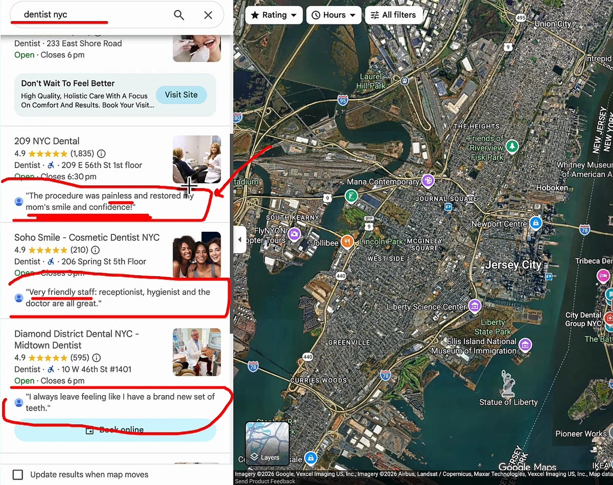 Google Maps results for dentist nyc with the review snippet under each listing circled in red