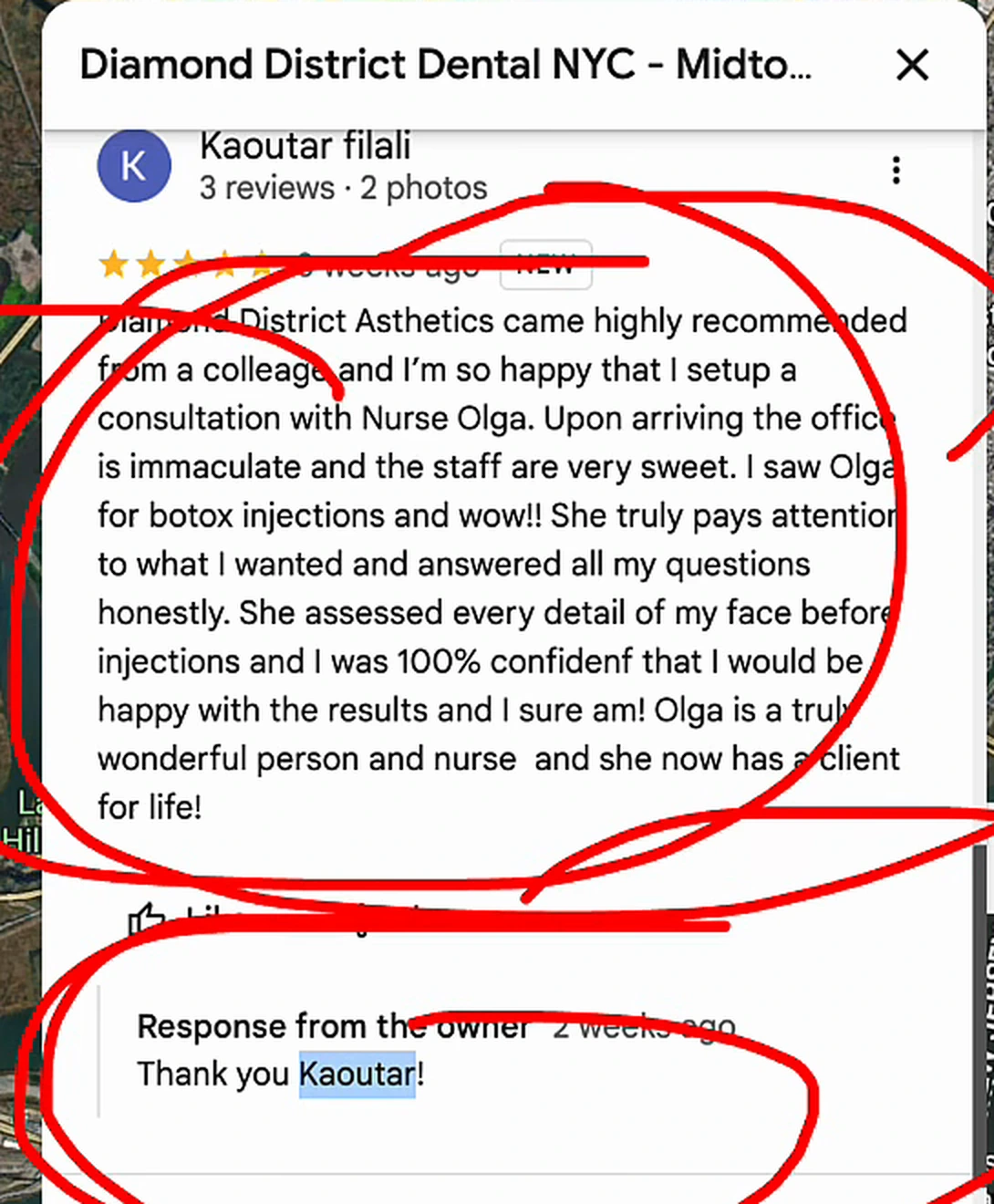 A long keyword-rich Google review answered by the owner with only Thank you, circled in red