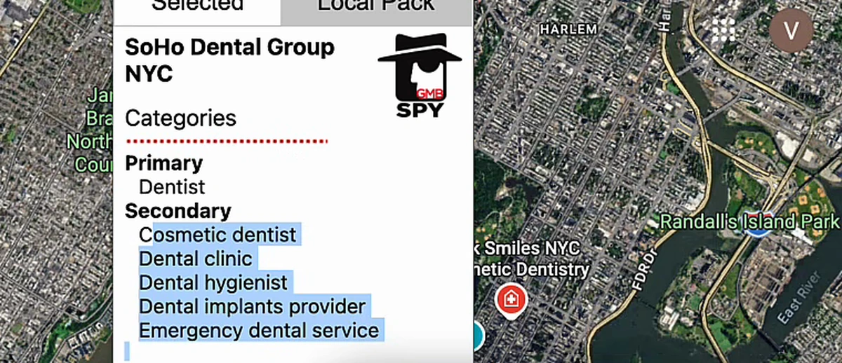 Chrome extension revealing a competitor listing's primary category Dentist and secondary categories including cosmetic dentist and emergency dental service