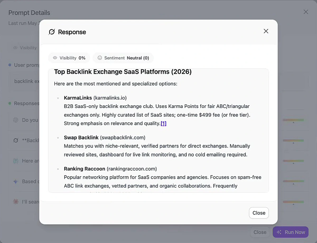 Prompt details showing 0% visibility for a backlink exchange prompt, with the LLM response naming three competing platforms Arvow is not among