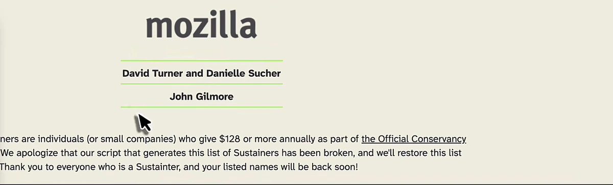 Software Freedom Conservancy sustainers page stating that sustainers give $128 or more annually, below the Mozilla logo