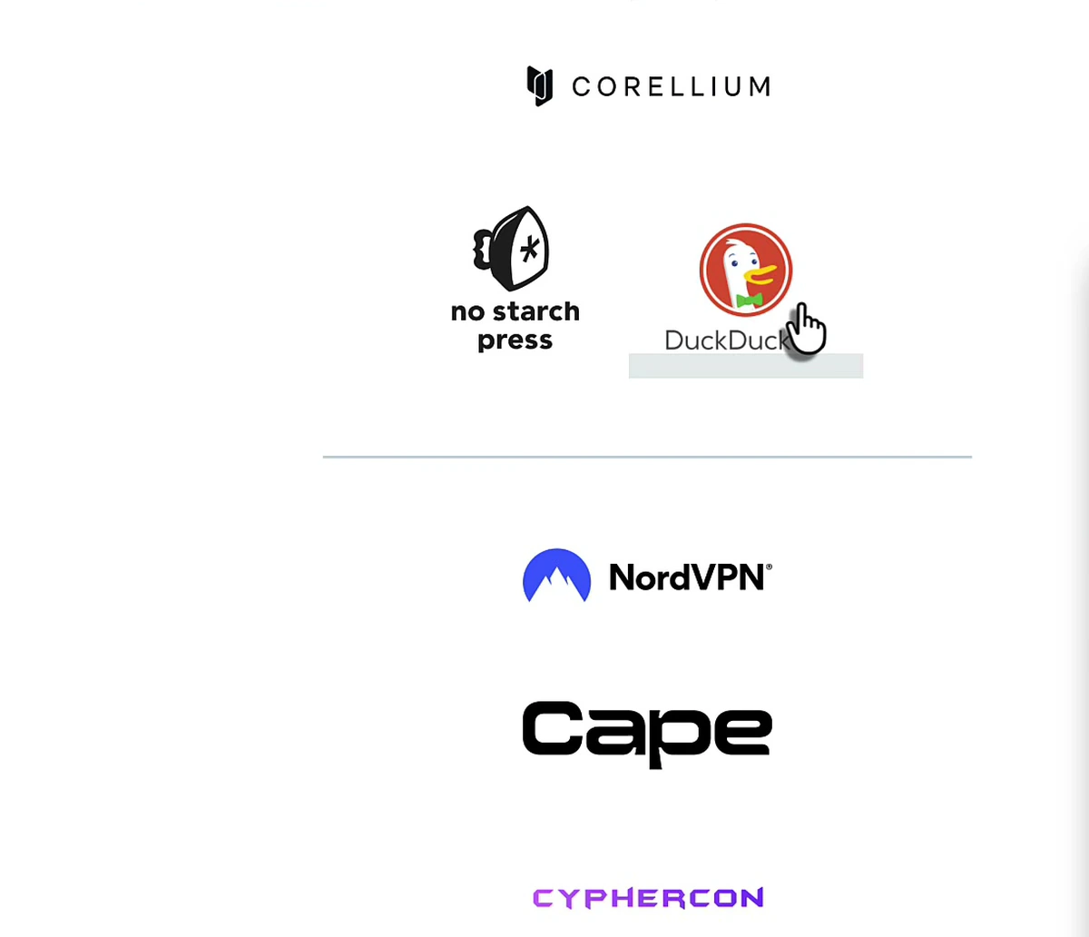 EFF thanks page showing supporter logos including DuckDuckGo, NordVPN, no starch press, Corellium and Cape
