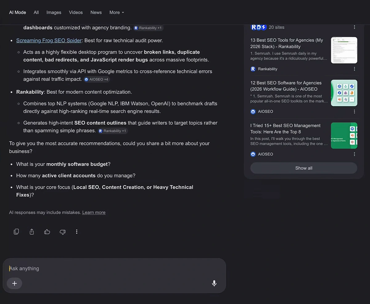 Google AI Mode answer for best SEO software for agencies with a sources panel showing three listicle articles: 13 Best SEO Tools, 12 Best SEO Software, and I Tried 15+ Best SEO Management Tools