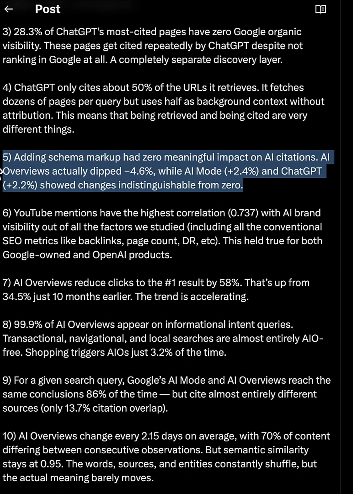 Second half of the Ahrefs findings: YouTube's 0.737 correlation with AI brand visibility, AI Overviews cutting clicks by 58%, 99.9% of AI Overviews on informational queries, 13.7% citation overlap, and answers changing every 2.15 days