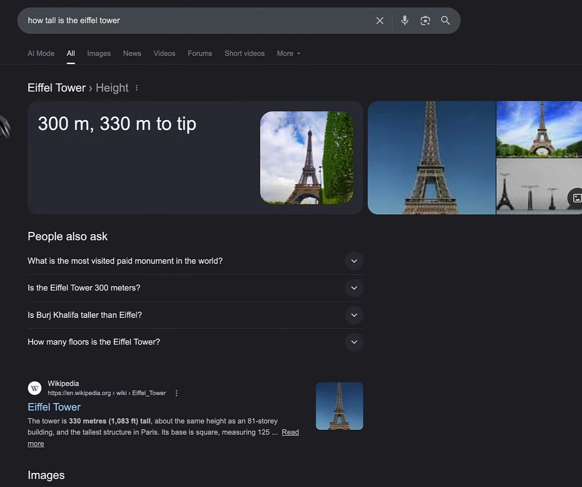 Google search results for how tall is the Eiffel Tower showing the answer 300 m, 330 m to tip directly on the page above the Wikipedia result