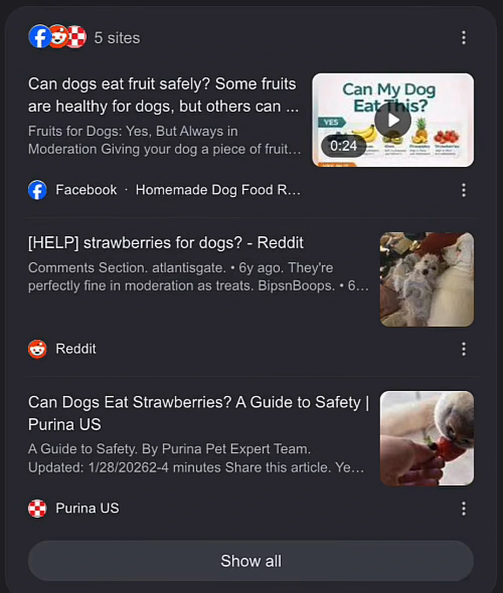 Sources panel of the Google AI Overview for can dogs eat strawberries, citing a Facebook video, a Reddit thread, and a Purina guide