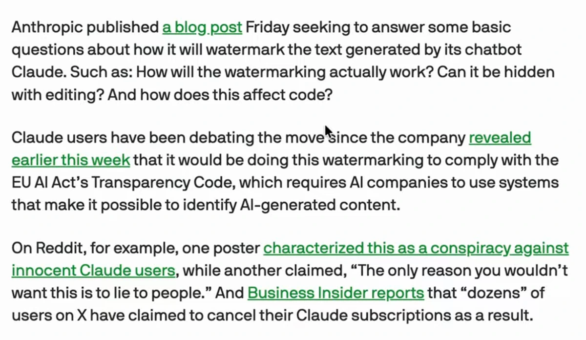 Article paragraphs explaining Anthropic will watermark Claude text to comply with the EU AI Act's Transparency Code, with users cancelling subscriptions in protest
