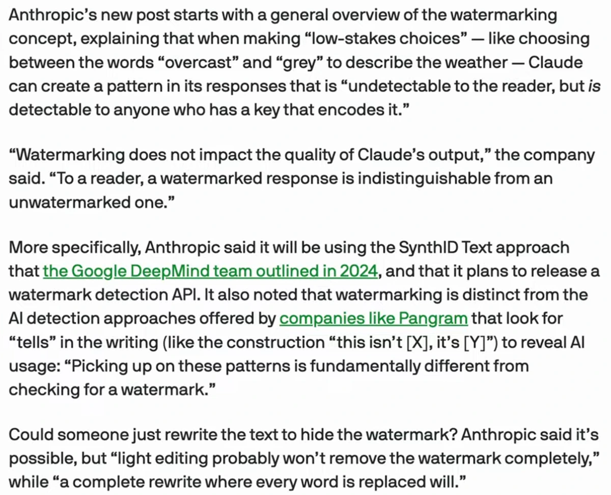 Article text describing the SynthID Text approach, a planned watermark detection API, and Anthropic's statement that light editing won't fully remove the watermark