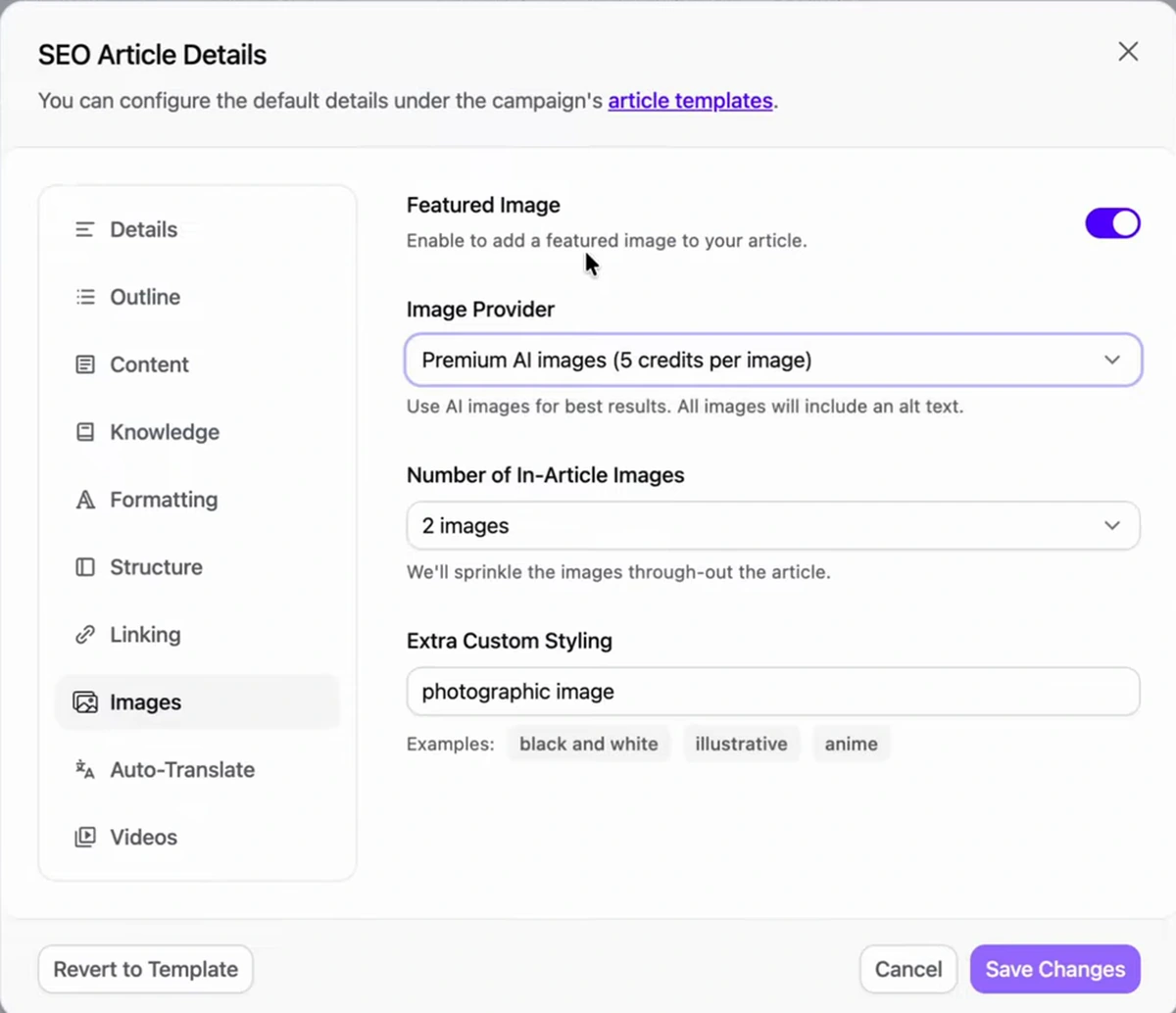 Arvow SEO Article Details modal with featured image toggle, premium AI image provider, number of in-article images, and custom styling set to photographic image
